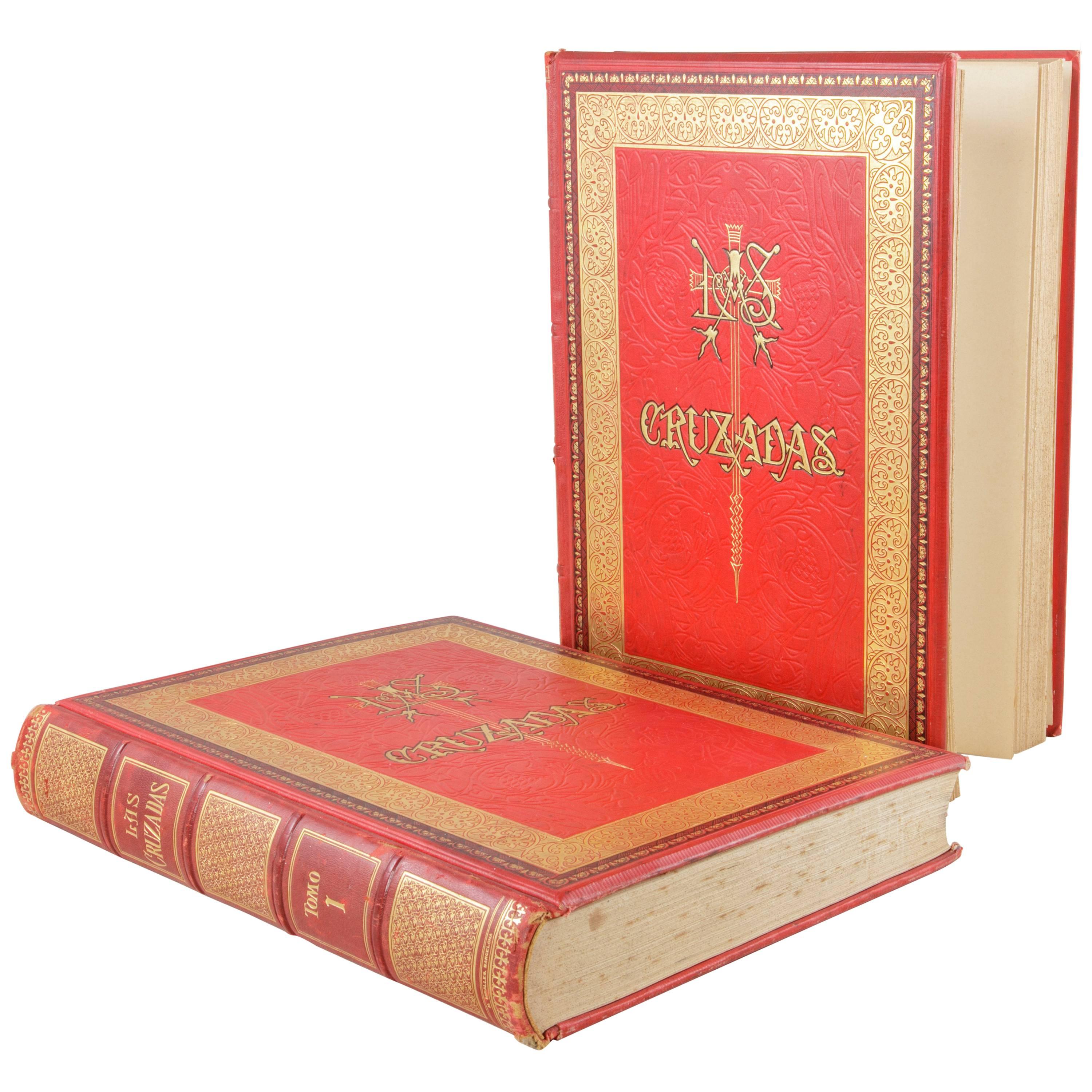 Two Volume Set Large 19th Century Spanish Red and Gold Tooled Books the Crusades