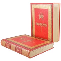 Two Volume Set Large 19th Century Spanish Red and Gold Tooled Books the Crusades