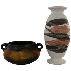 Vase et bol à deux anses en poterie Royal Haeger Earth Wrap