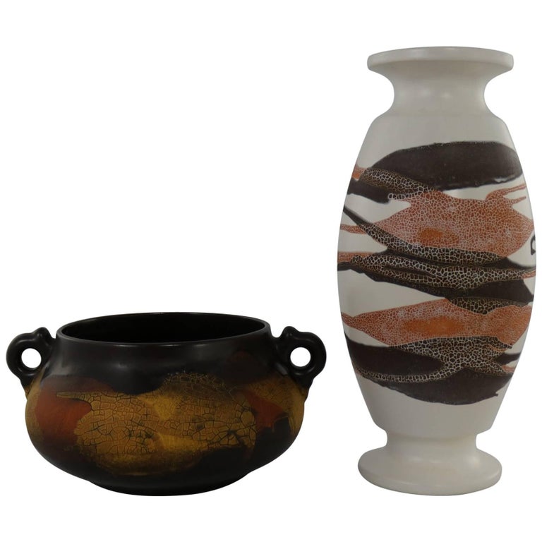 Royal Haeger Earth Wrap Pottery Vase And Double Handled Bowl For