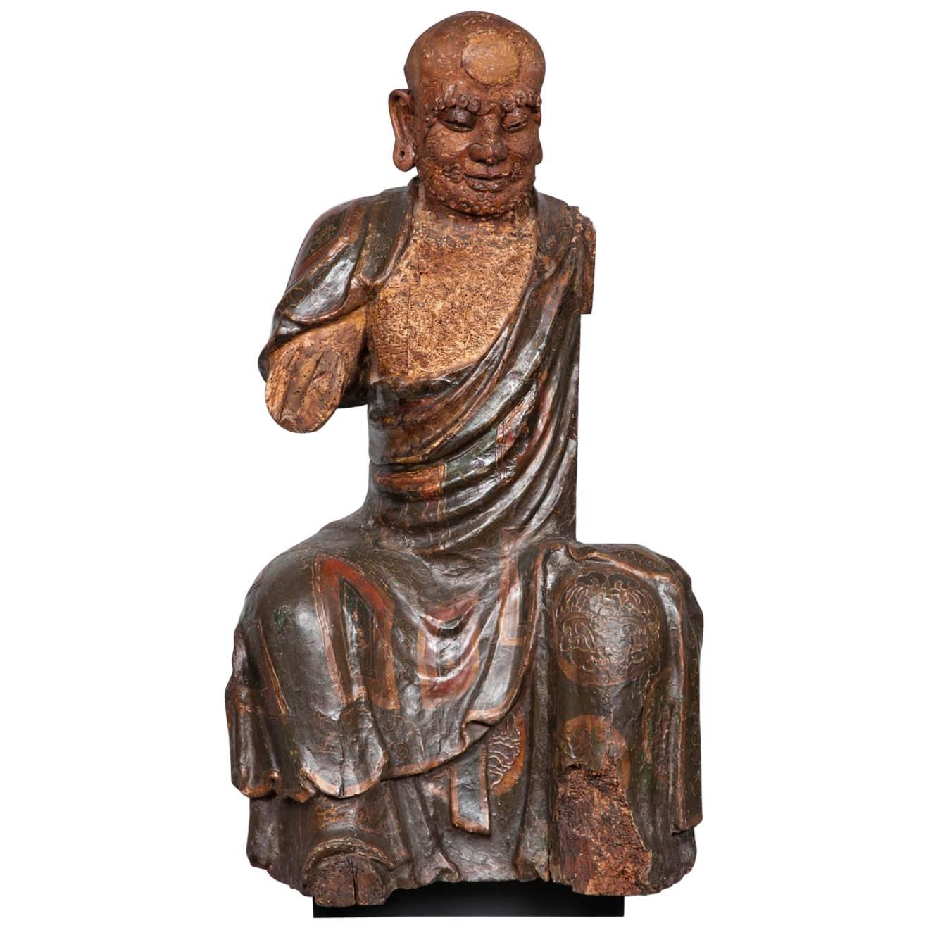 Chinese Ming Dynasty Wooden Sculpture of Arhat 'Luohan', 16th Century For Sale