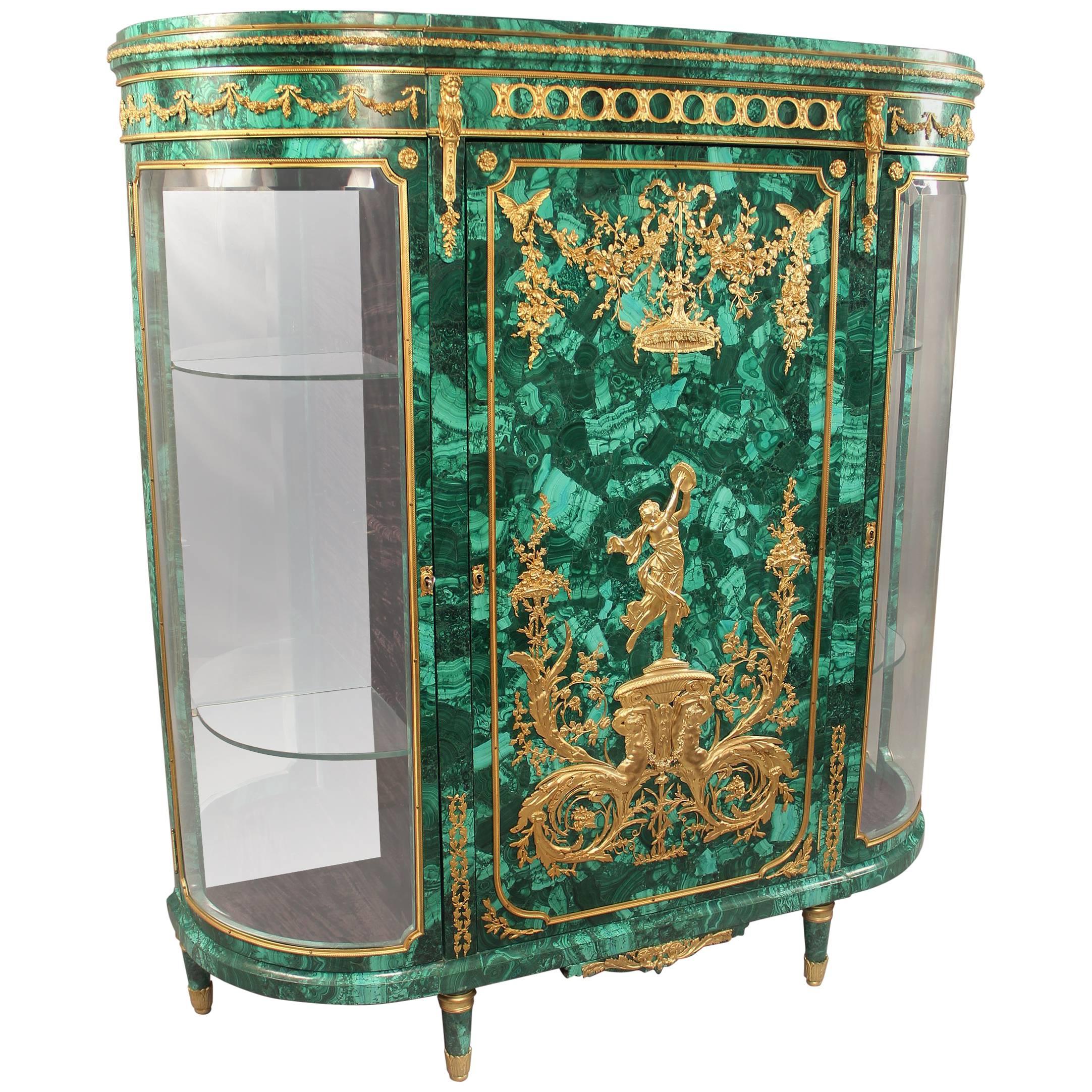 Early 20th Century Gilt Bronze-Mounted Malachite Vitrine Cabinet