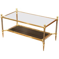 Mid-20th Century French Brass Steel and Leather Coffee Table from Maison Jansen