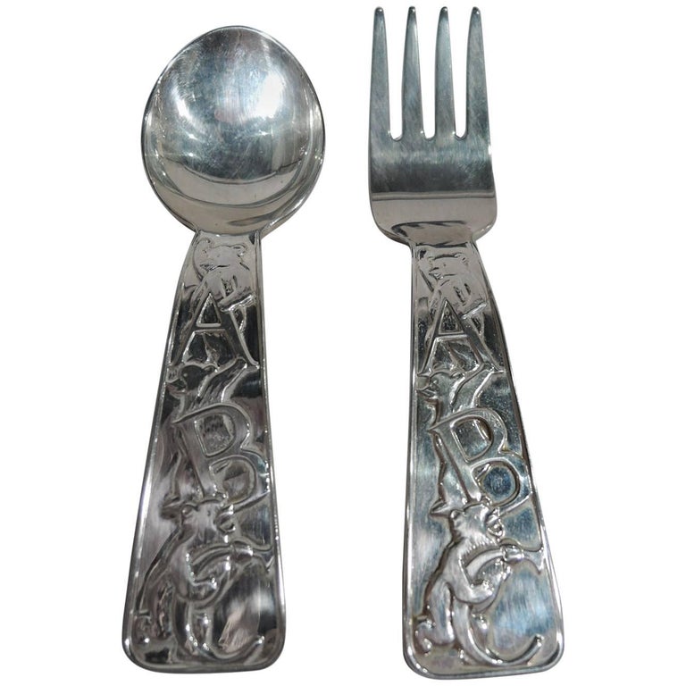 Tiffany Sterling Silver ABC Baby Spoon and Fork with Bears Eating Ice