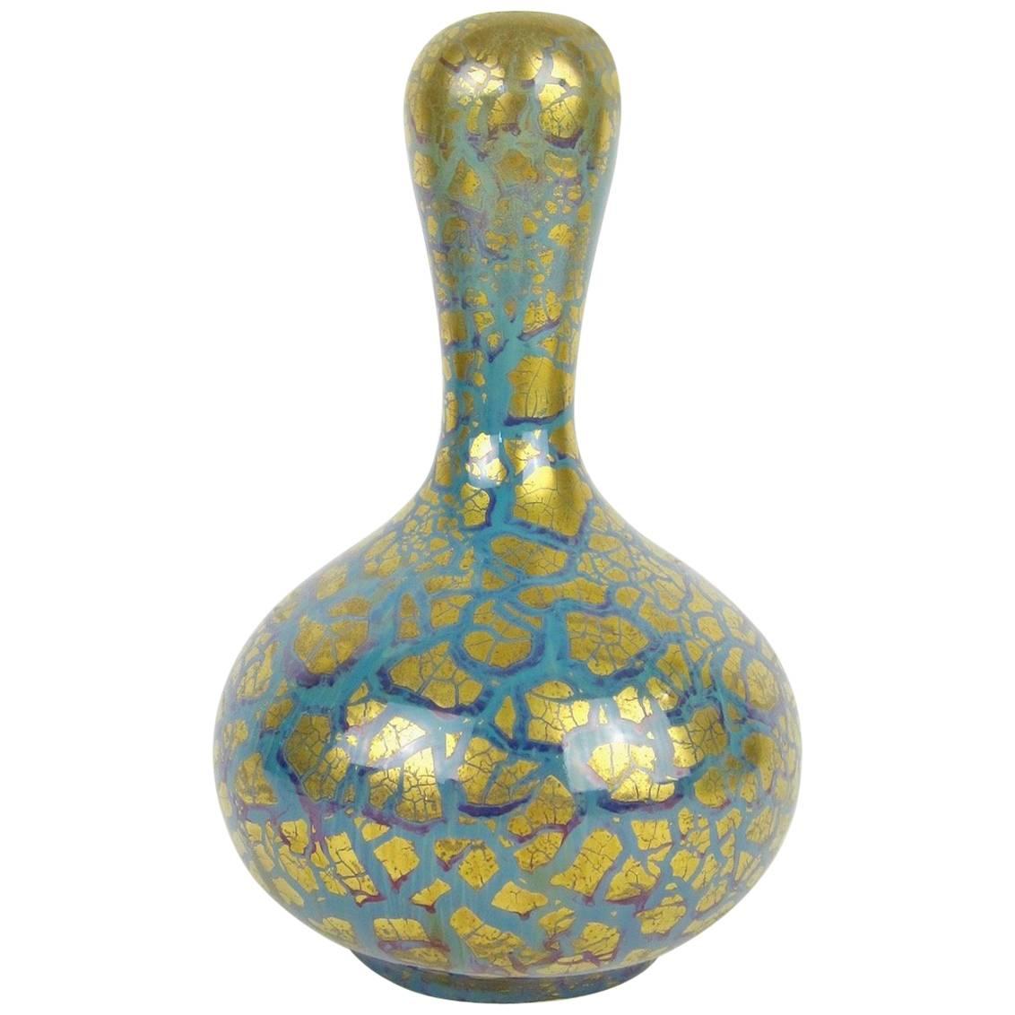 French Mougin Freres Art Nouveau Vase with Golden Metallic Glaze