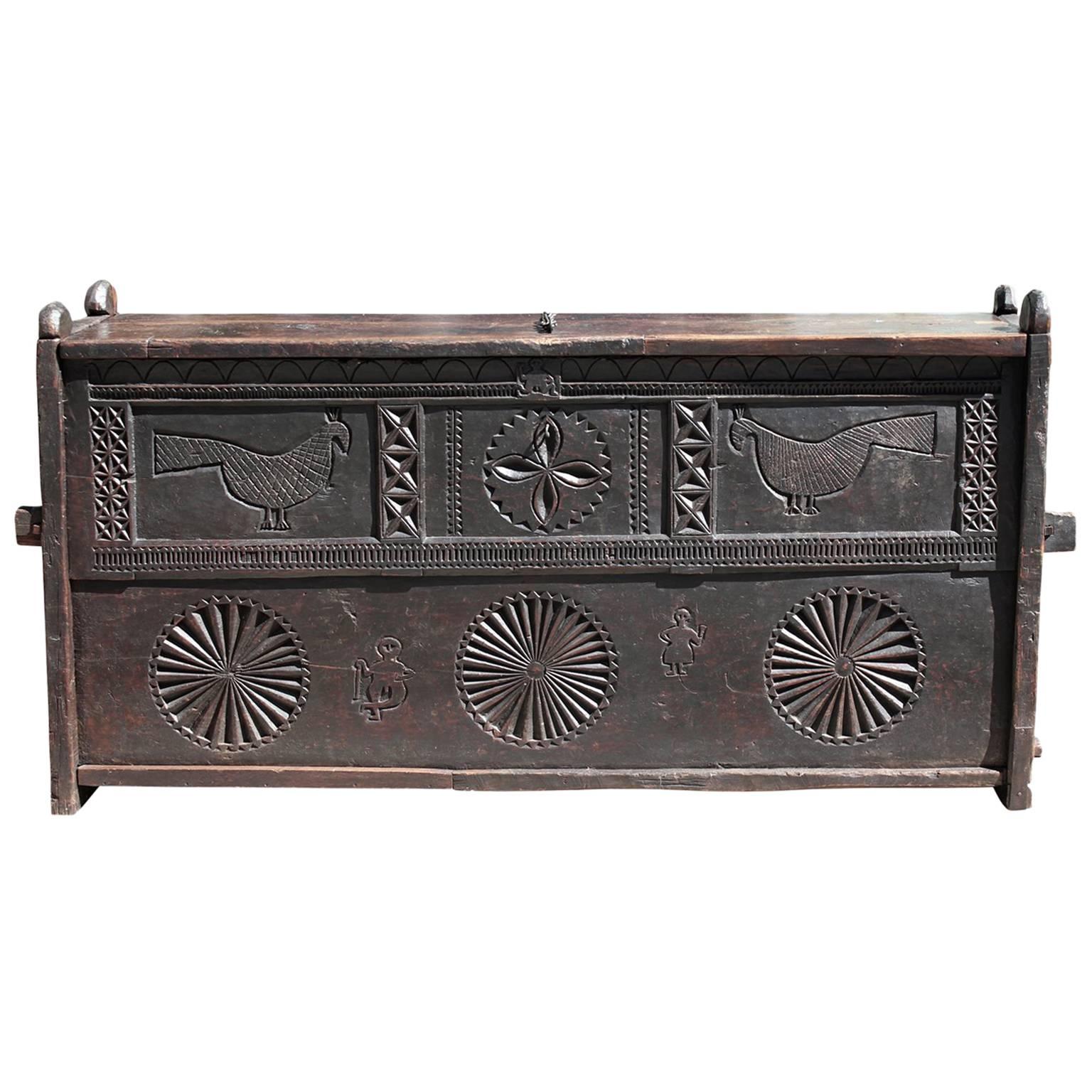 17th Century Jacobean Colonial Oak Chest with Hand-Carved Birds