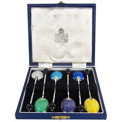 English Garrard & Co. Sterling Silver and Enamel Demitasse Spoon Set