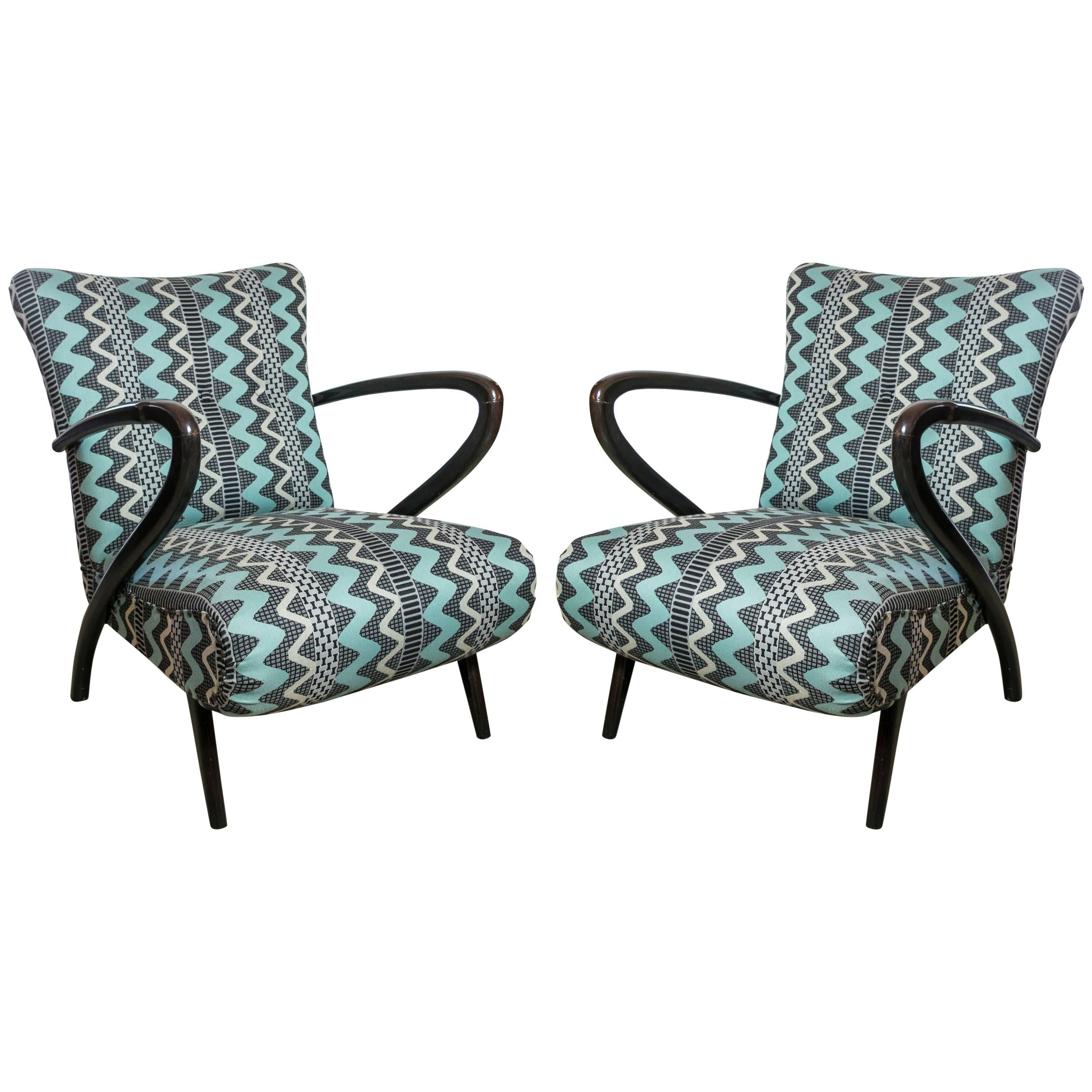 Pair of Midcentury Italian Chairs with Bentwood Arms in Knoll Upholstery