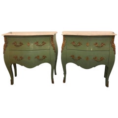 Pair of Louis XV Bombe Painted Commode / Nightstands Bronze Mounts Marble Tops