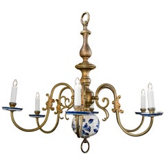 Blue and White Delft and Brass Chandelier, Circa 1940