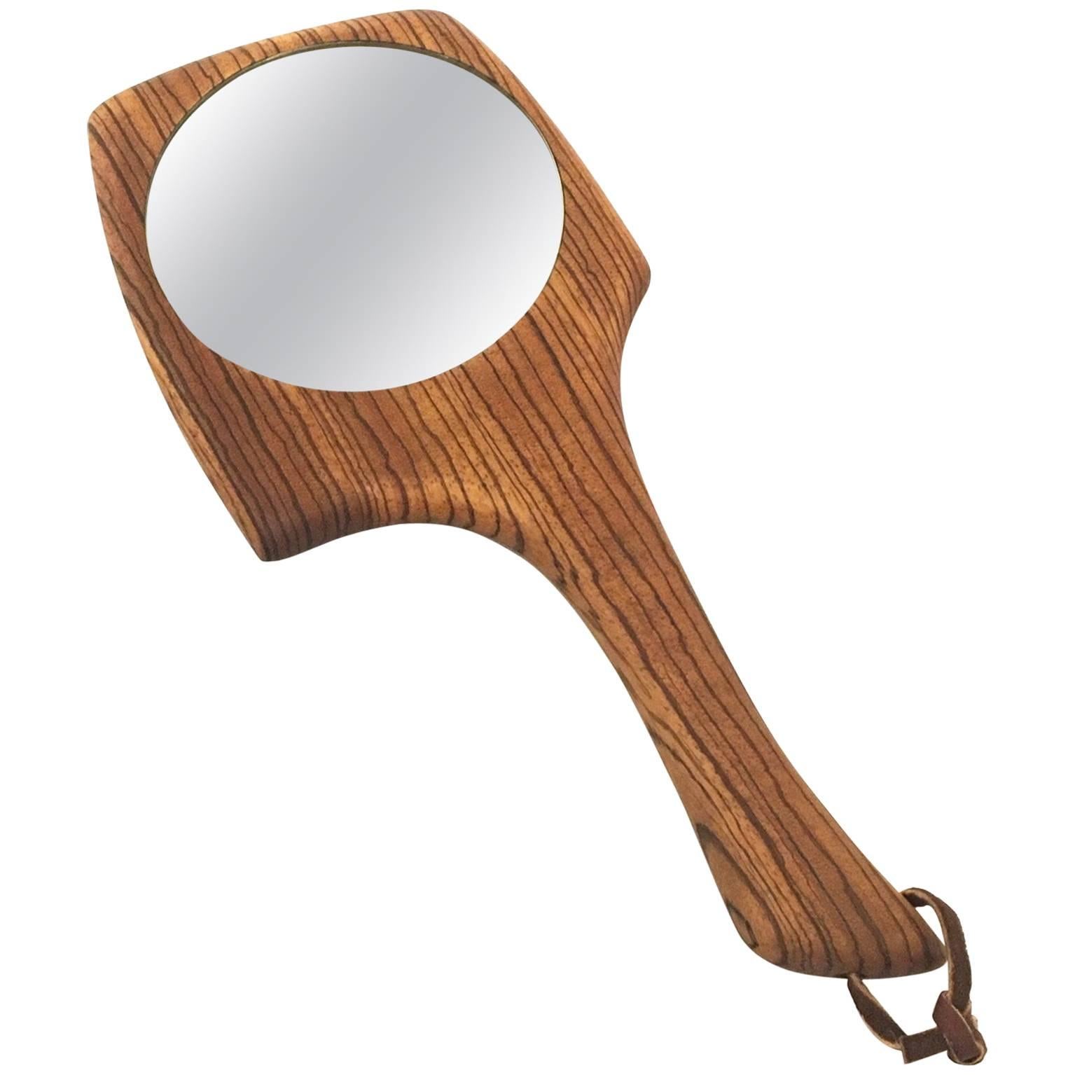 Exotic Wood California Design Free-Form Hand Mirror with Leather Strap