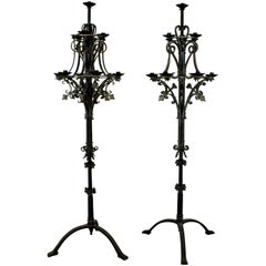 Vintage Mid-Century Modern Pair of Gothic Black Iron Metal Floral Standing Candelabra
