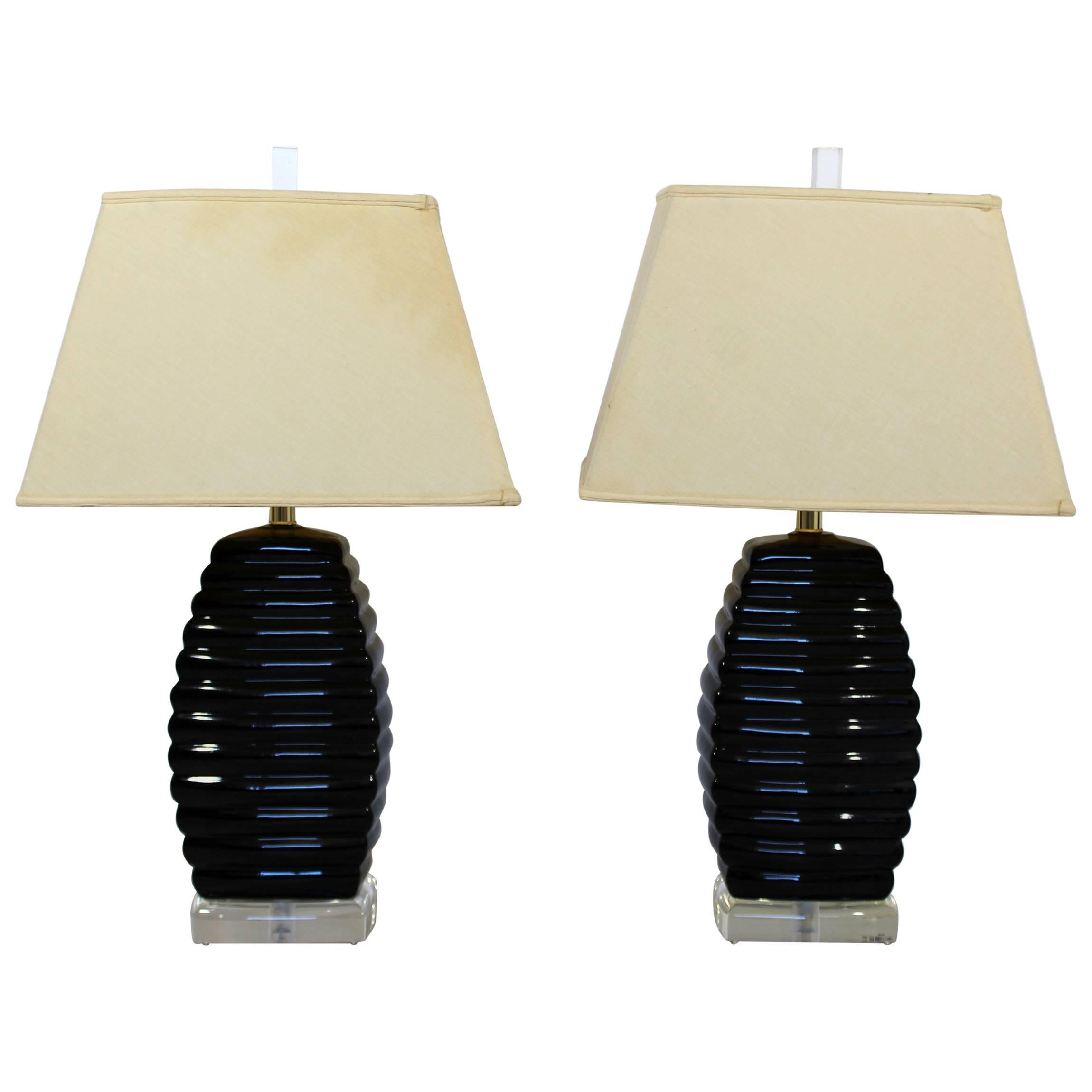 Mid-Century Modern Pair of Bauer Black & Clear Lucite Table Lamps Beehive Style