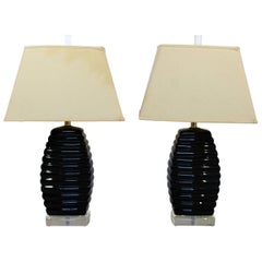 Vintage Mid-Century Modern Pair of Bauer Black & Clear Lucite Table Lamps Beehive Style