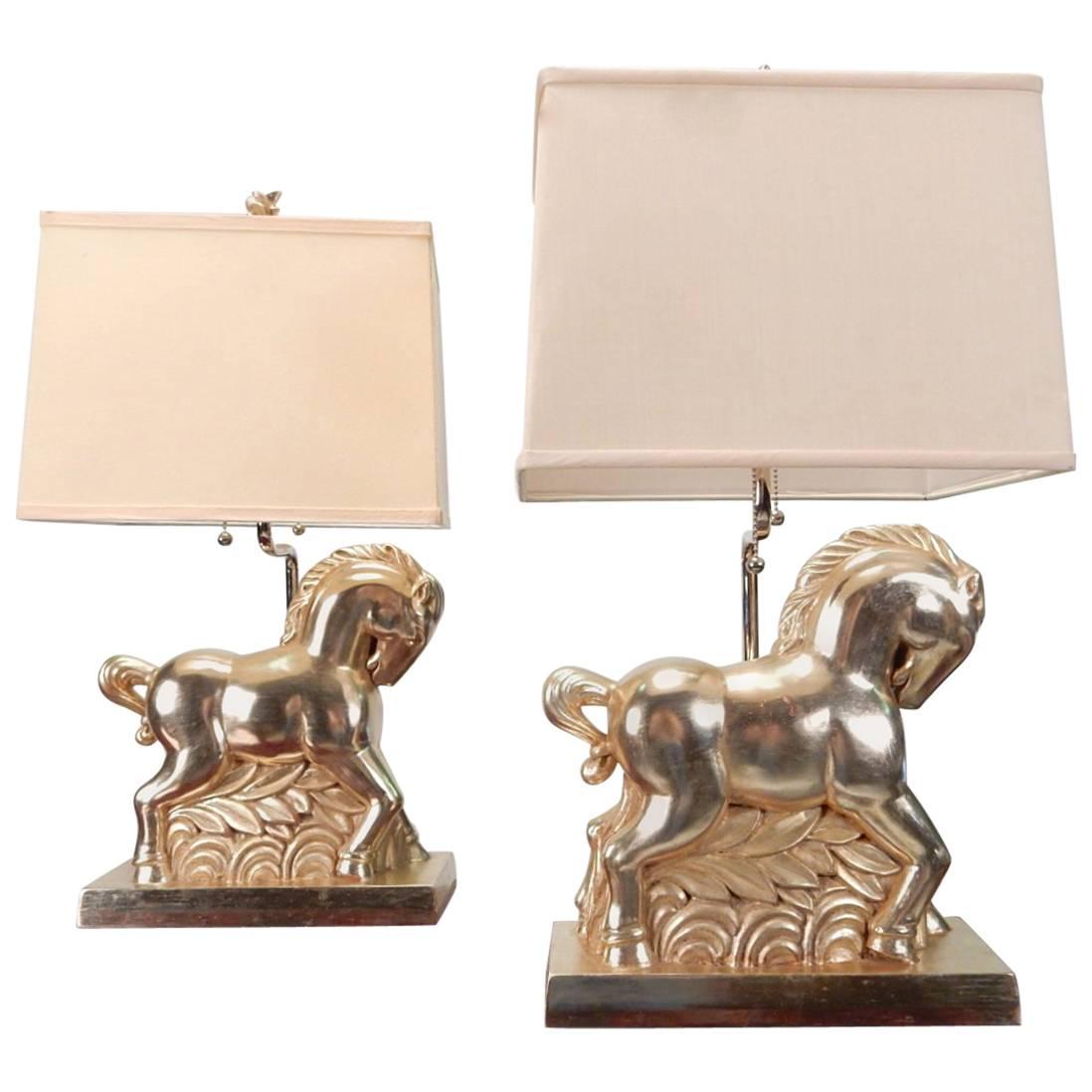Art Deco Polychromatic Etruscan Horse Table Lamp Pair