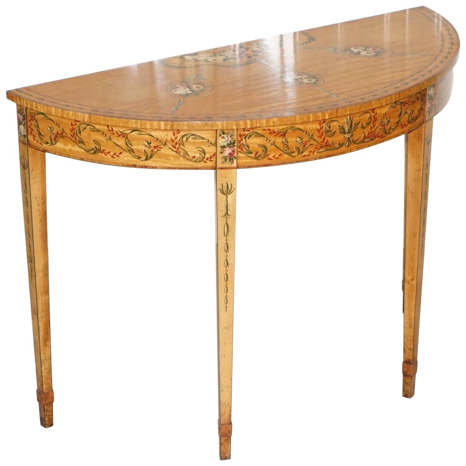 Hand-Painted Satinwood Sheraton Revival Victorian Demi Lune Console Side Table