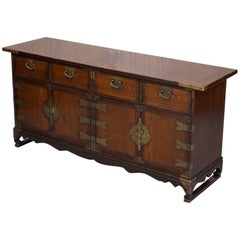 Rare Large Natural Timber Chinese Sideboard with Brass Mounts & Detailing Altar