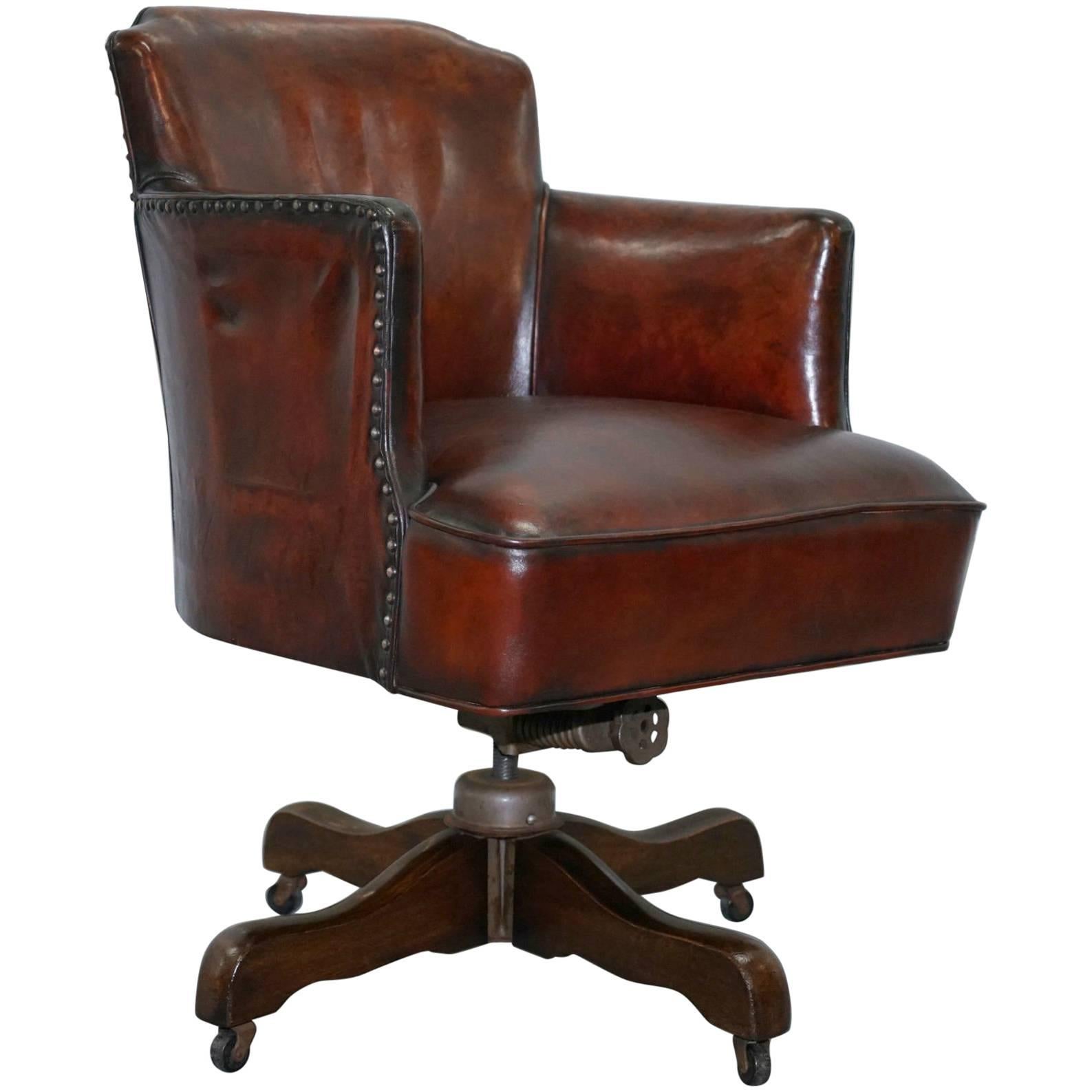 Fully Restored 1920s Hillcrest Antique Whisky Brown Leather Captains Chair