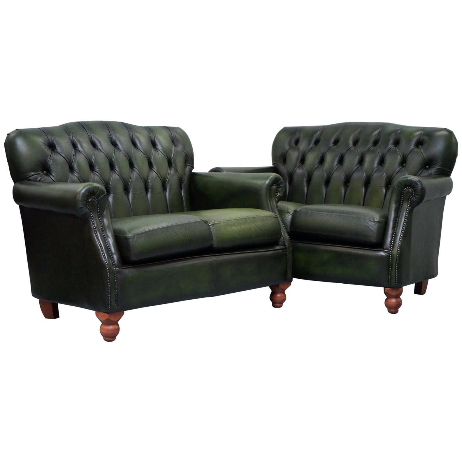 Pair of Green Leather Chesterfield Two-Seat Sofas Thomas Lloyd