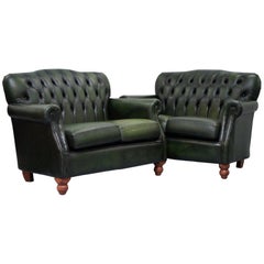 Pair of Green Leather Chesterfield Two-Seat Sofas Thomas Lloyd