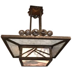 Antique Wrought Iron and Marble Art Deco Pendant Light