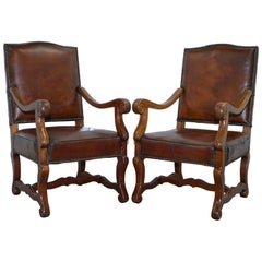 Pair of 19th Century Victorian Mahogany Brown Leather Carolean Throne Armchairs