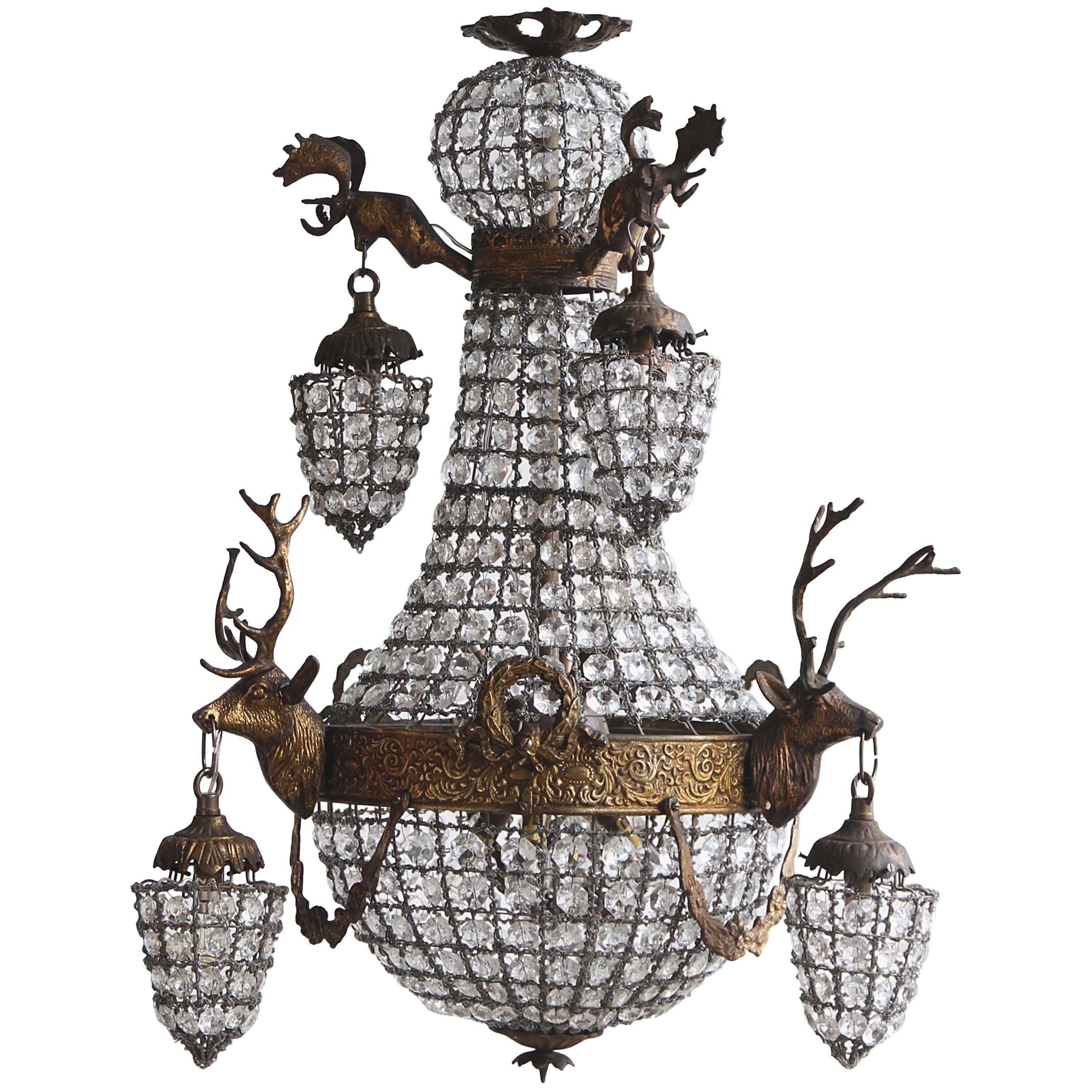 1930s French Brass Empire Balloon Chandelier with Stags Head Sconces