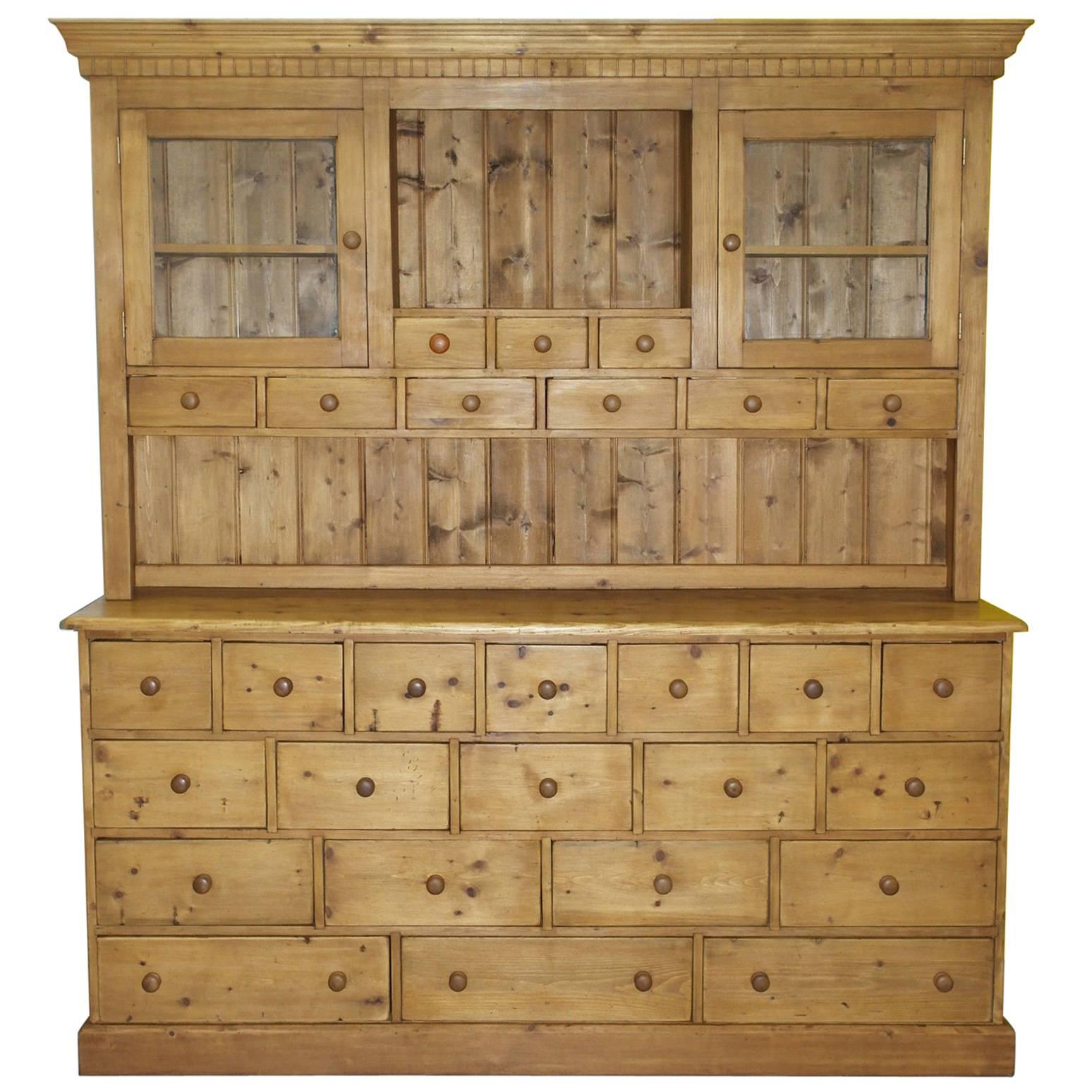 Very Large Solid Pine 28-Drawer Antique Merchants Welsh Dresser Bank of Drawers