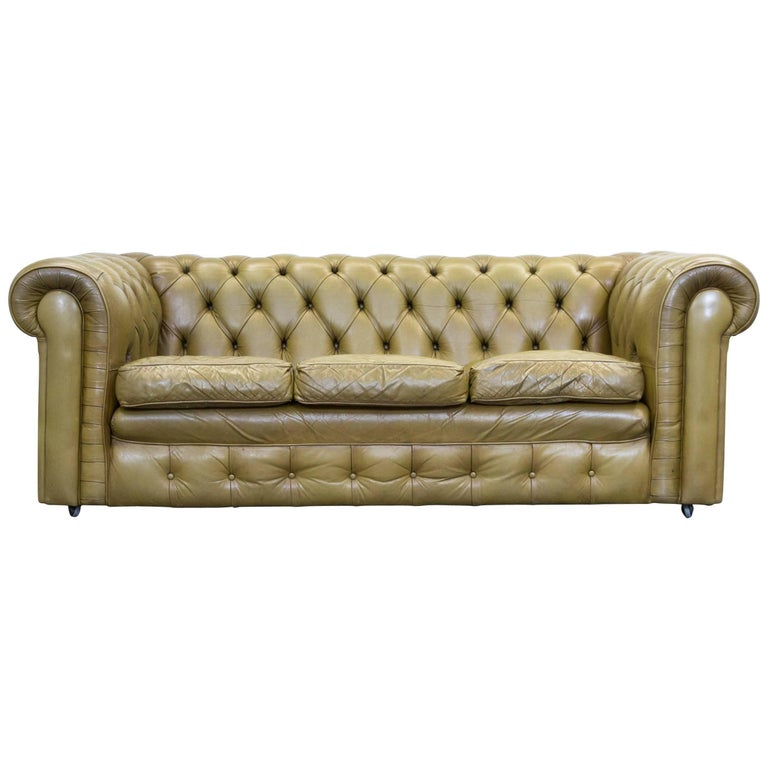 Chesterfield Leather Sofa Olive Green ThreeSeat Couch Retro Vintage at