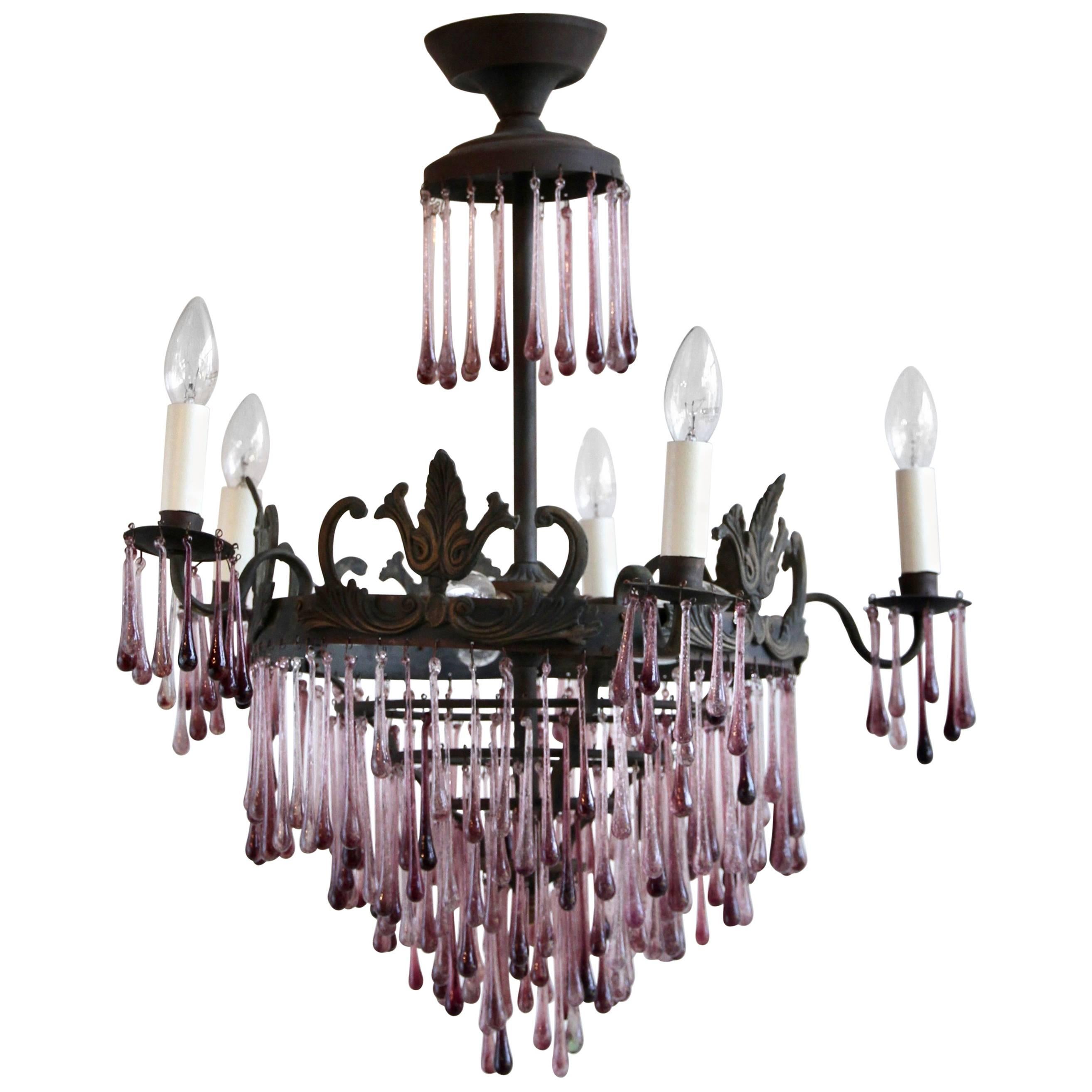 1920s French Waterfall Chandelier with Contemporary Amethyst Glass Teardrops