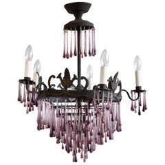 Antique 1920s French Waterfall Chandelier with Contemporary Amethyst Glass Teardrops