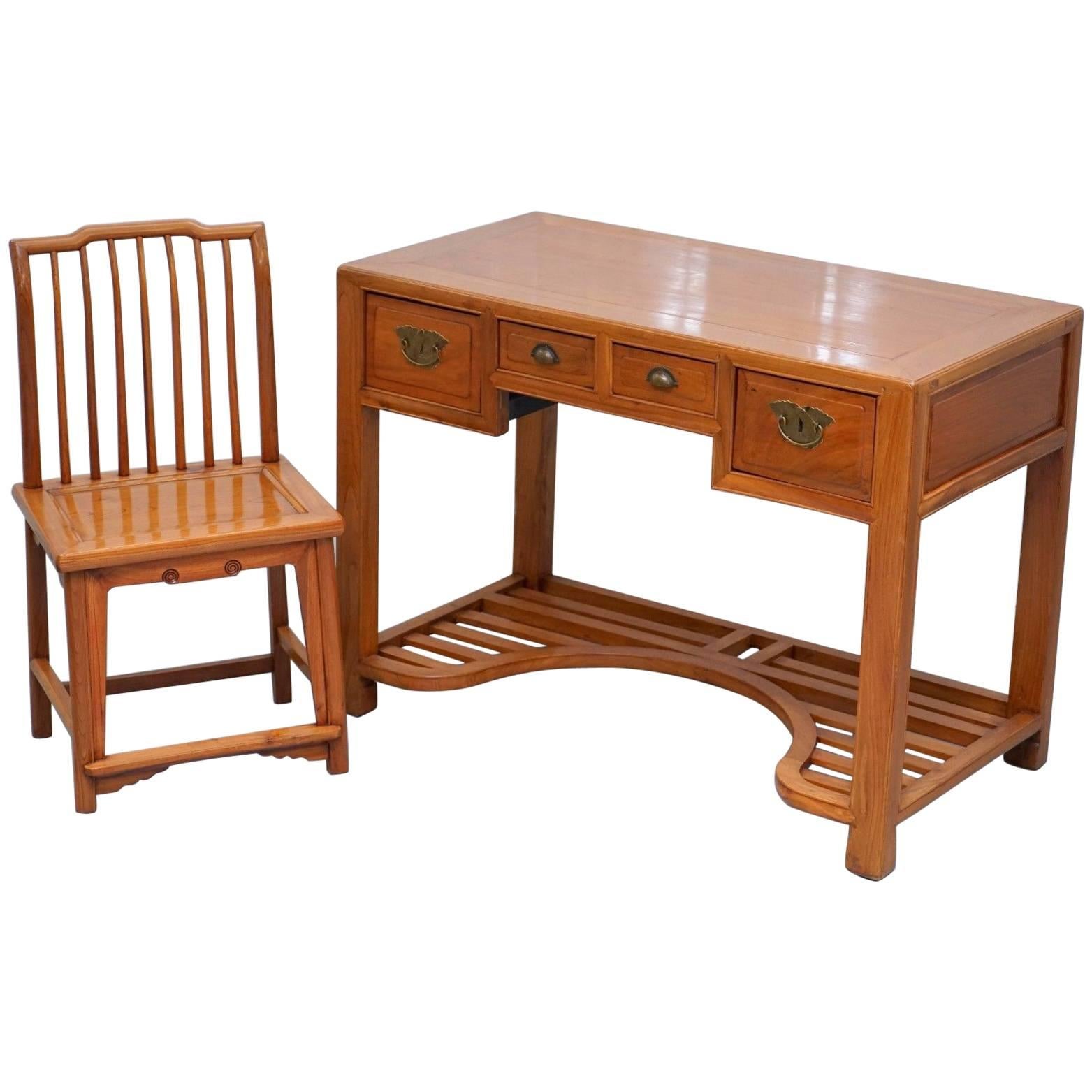 Vintage Chinese Ming Style Teak Desk and Matching Chair Lovely Rare Pair Office