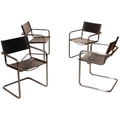 1970s, Tubular Steel and Sturdy Black Leather Dining Chairs by Matteo Grassi