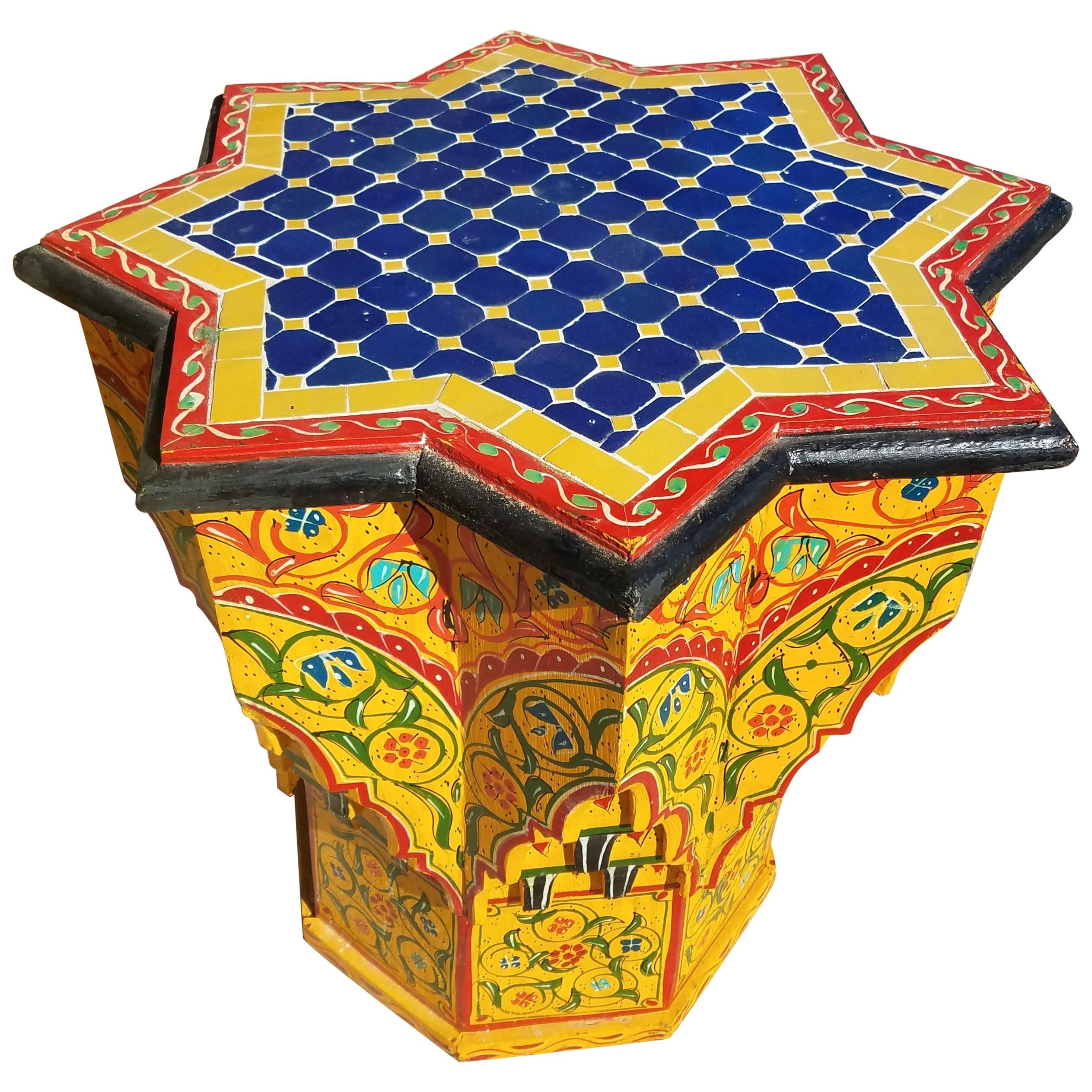 Kenza Hand-Painted Hand-Carved Moroccan Side Table Mosaic Top