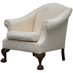 Vintage Stunning Edwardian Hand-Carved Claw and Ball Legs Damask Upholstered Armchair