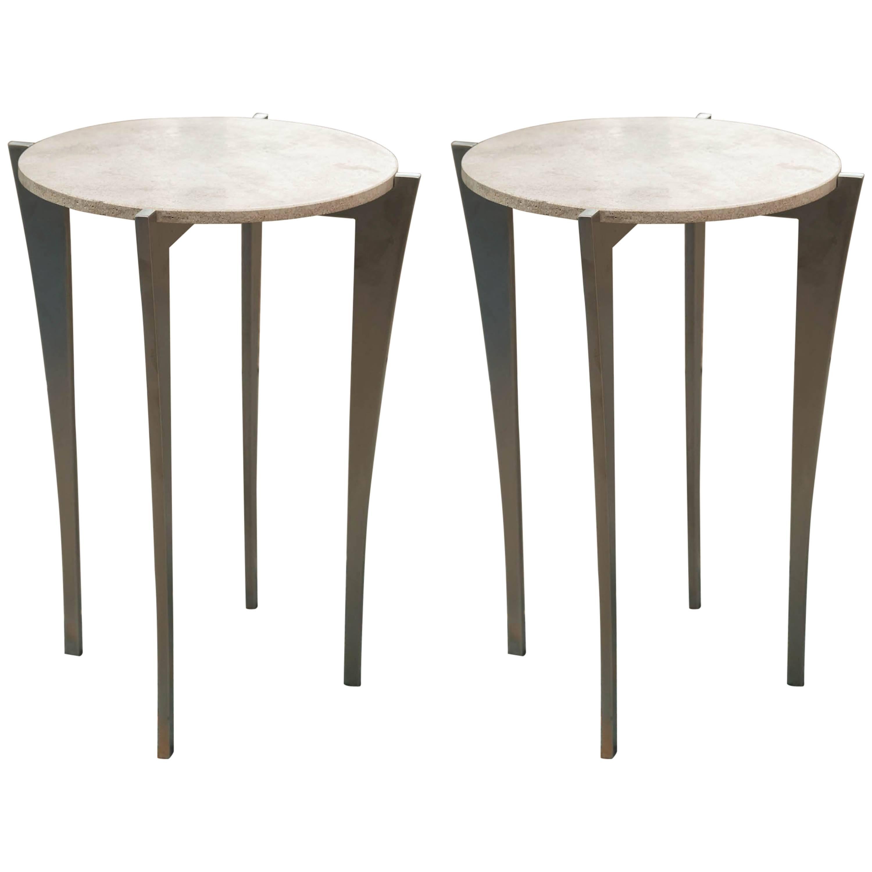 Pair of Stainless Steel and Stone Side Tables by Gregory Clark