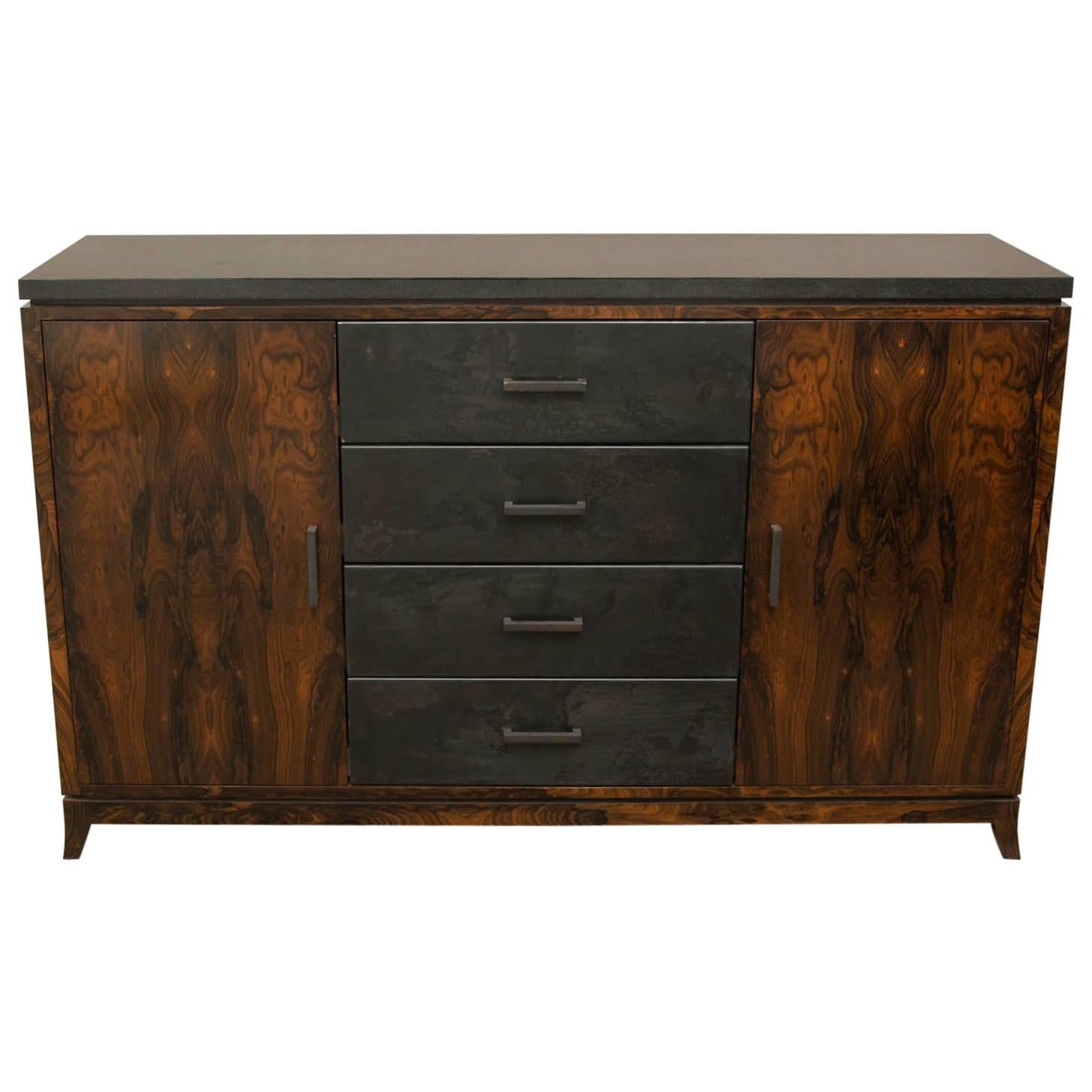 Zircote Wood and Patinated Steel Credenza by Gregory Clark