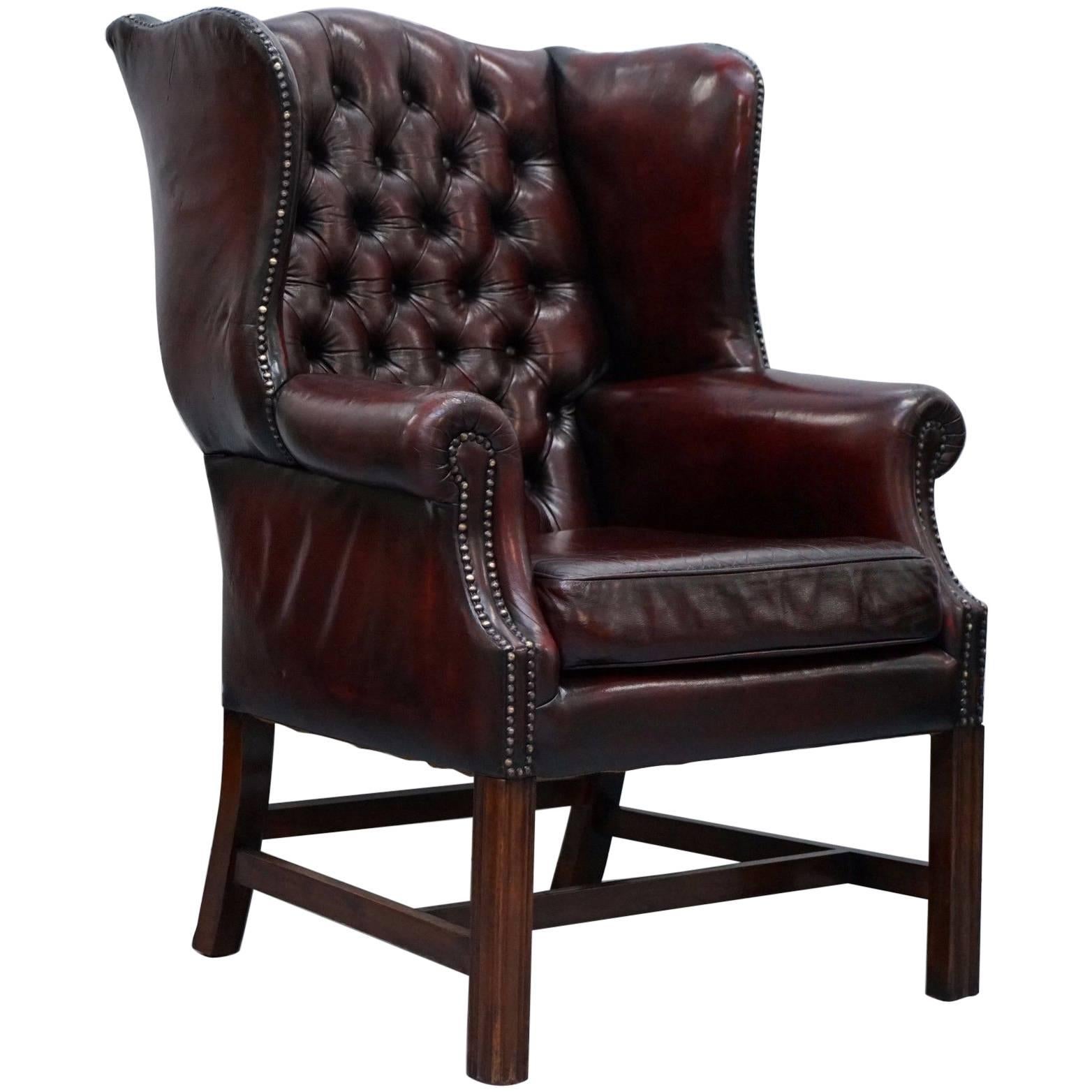 Restored Hand Dyed 1960s Oxblood Leather Chesterfield Georgian Wingback Armchair