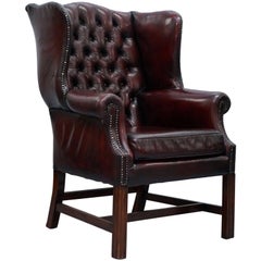 Vintage Restored Hand Dyed 1960s Oxblood Leather Chesterfield Georgian Wingback Armchair