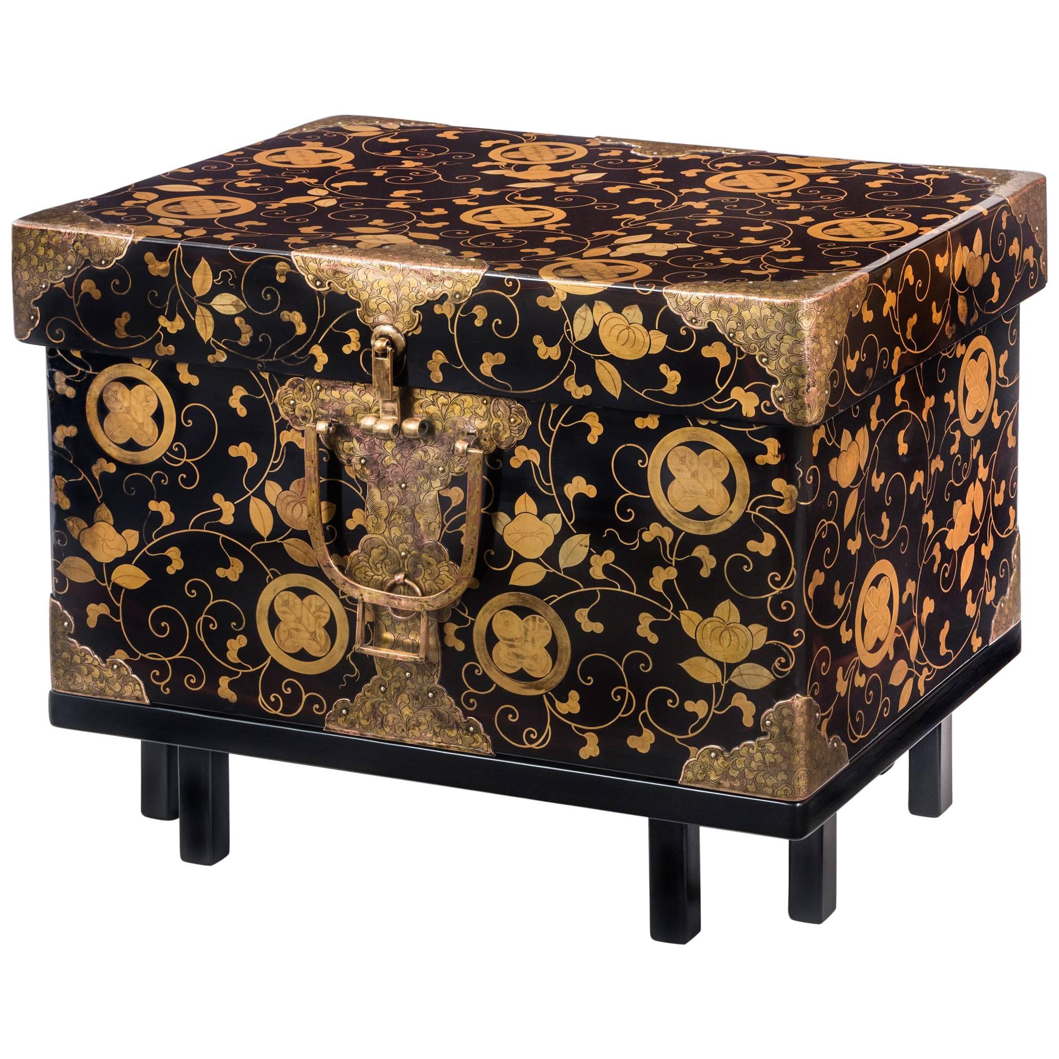 Japanese Gilt Metal Mounted and Lacquer Hasami-Bako (Robe Chest / Box) For Sale