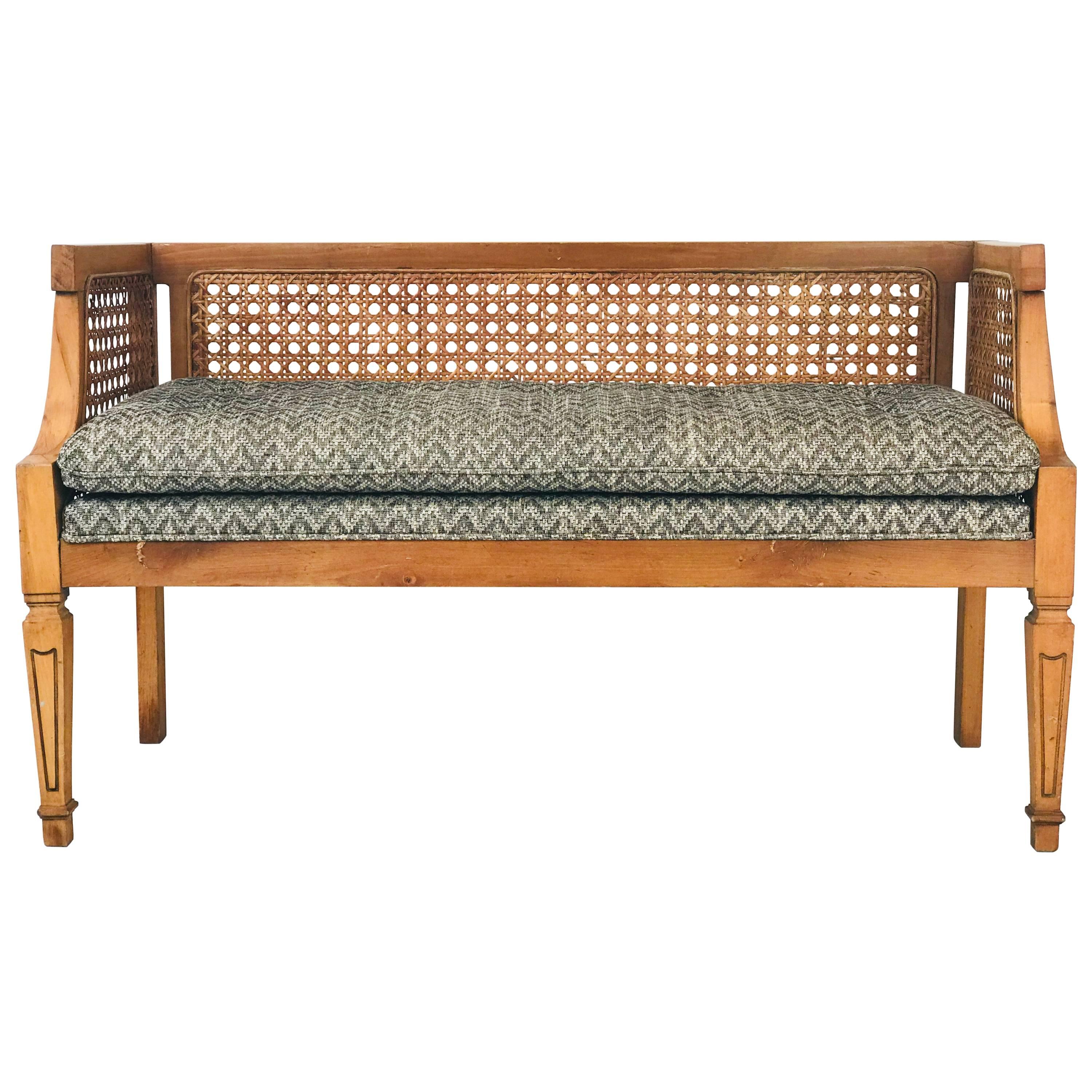 Midcentury Cane Bench with Newly Upholstered Seat