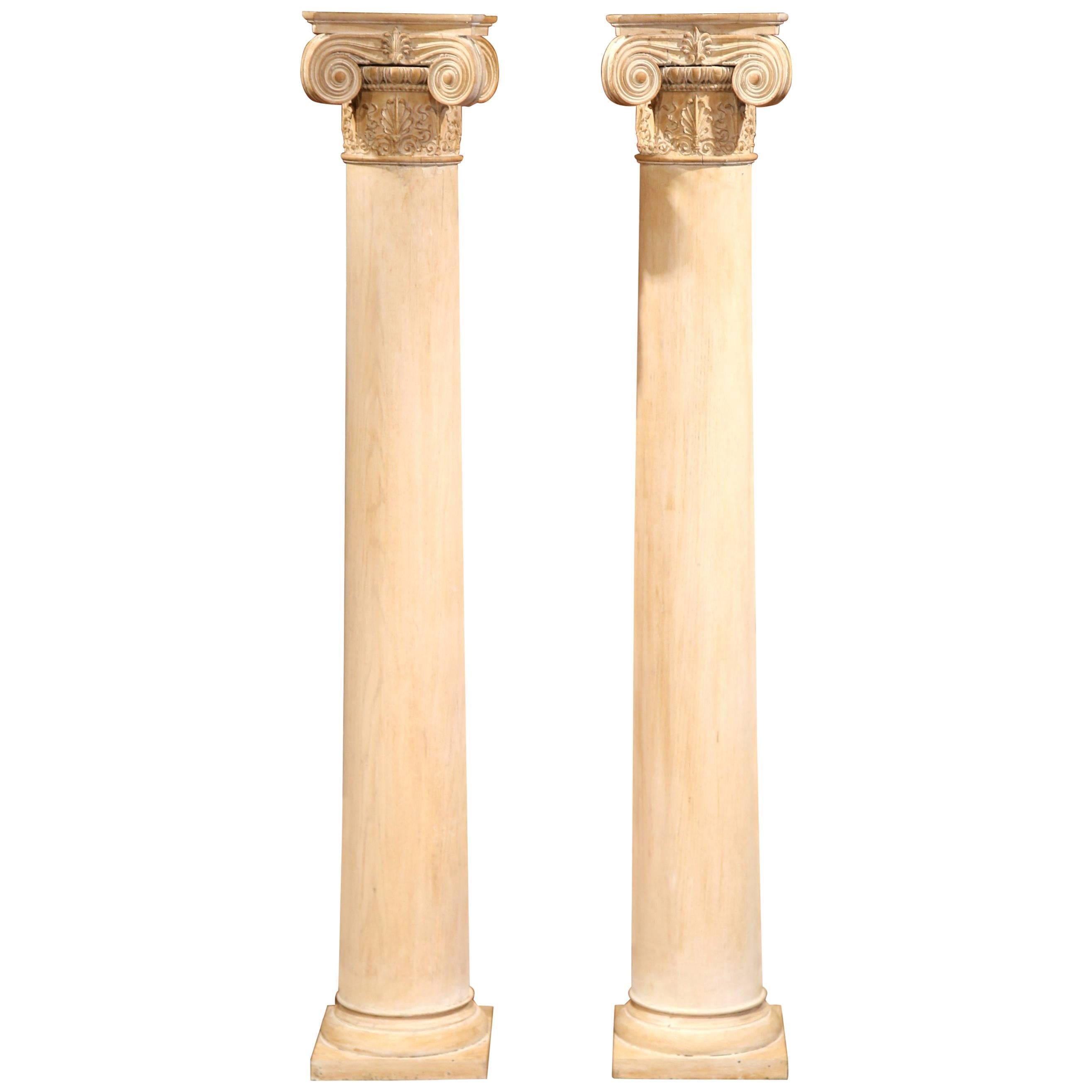 Tall Pair of 19th Century French Carved Painted Light Oak Columns
