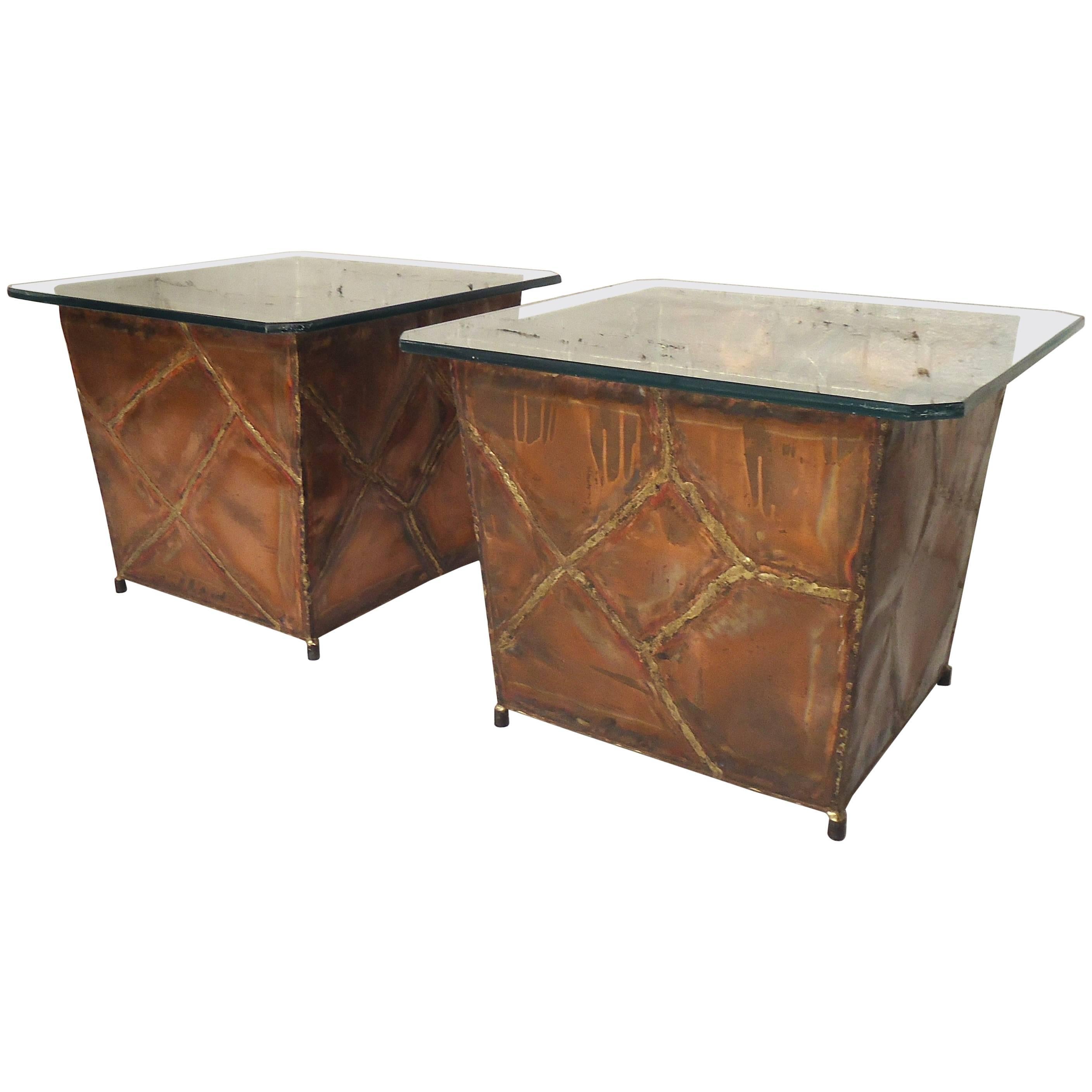 Copper Planters / Glass Side Tables For Sale