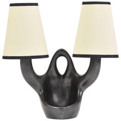 French 1950s Black Ceramic Two-Armed Table Lamp