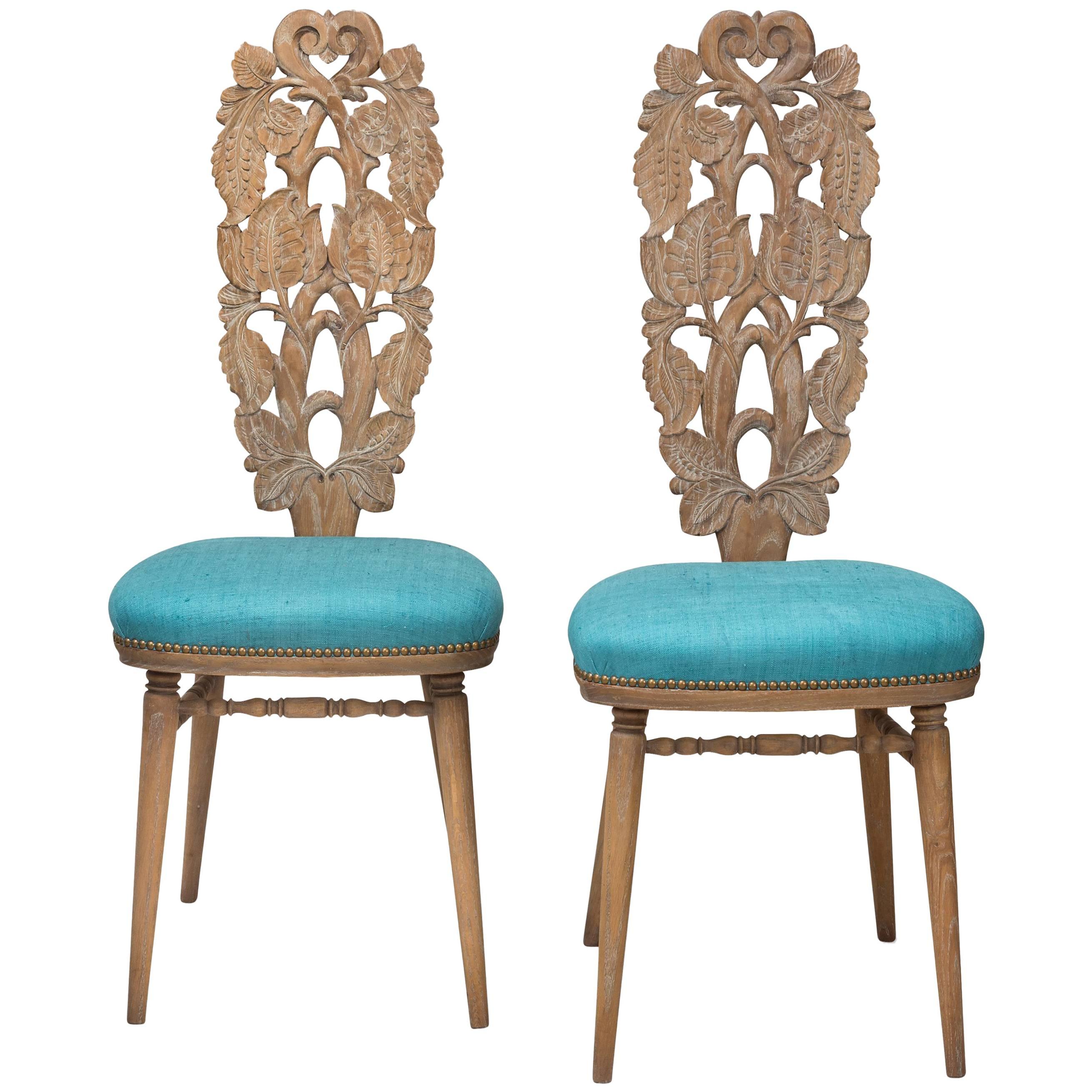 Giovanni Gariboldi, Attributed, Pair of Italian Carved and Cerused Oak Chairs For Sale