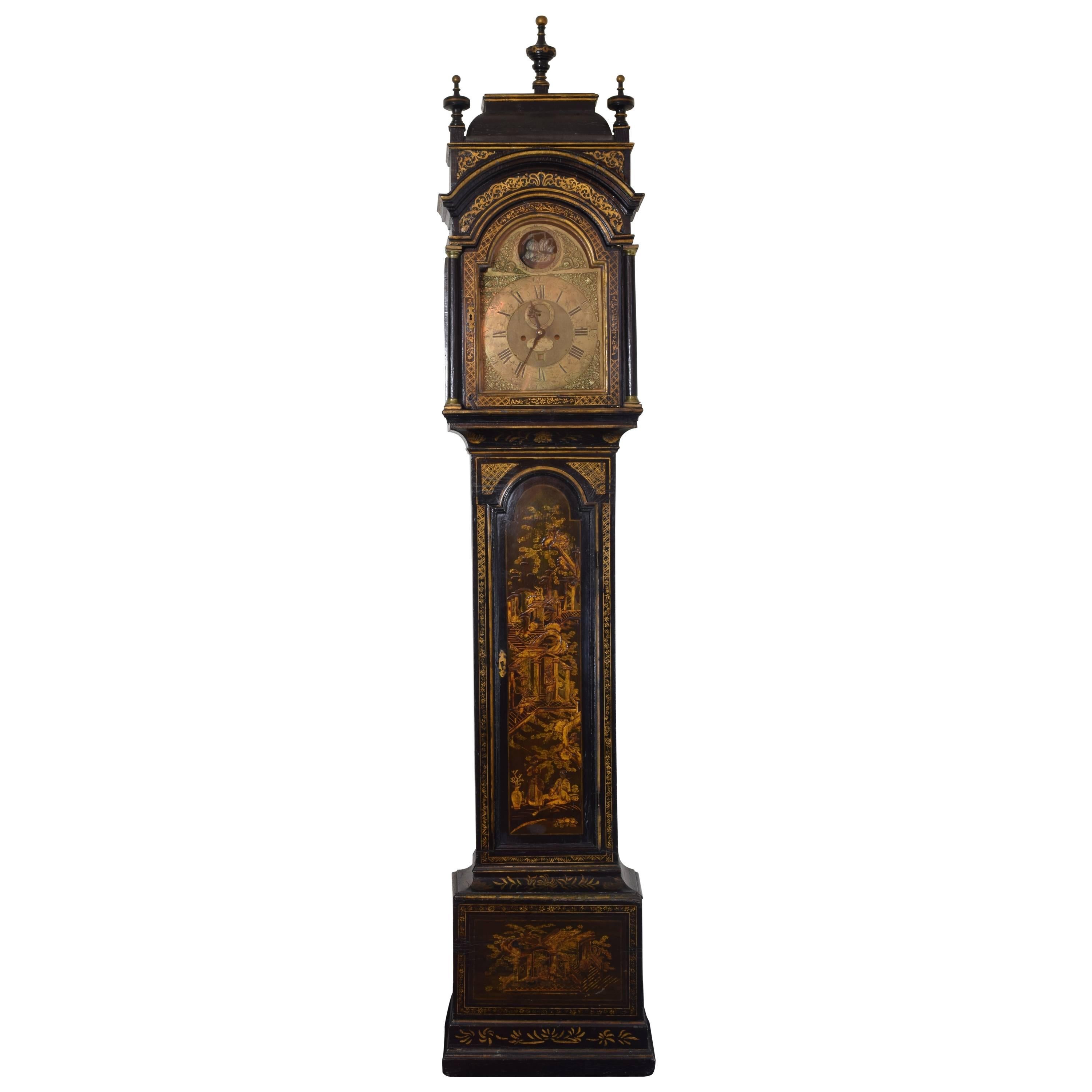 George II Period Chinoiserie Black Lacquer Longcase Clock, Mid-18th Century