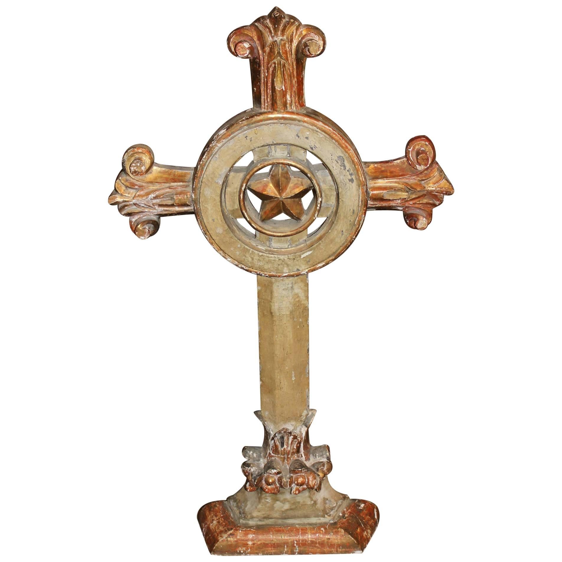 Baroque Style Continental Carved Polychrome Wooden Cross with Centre Star