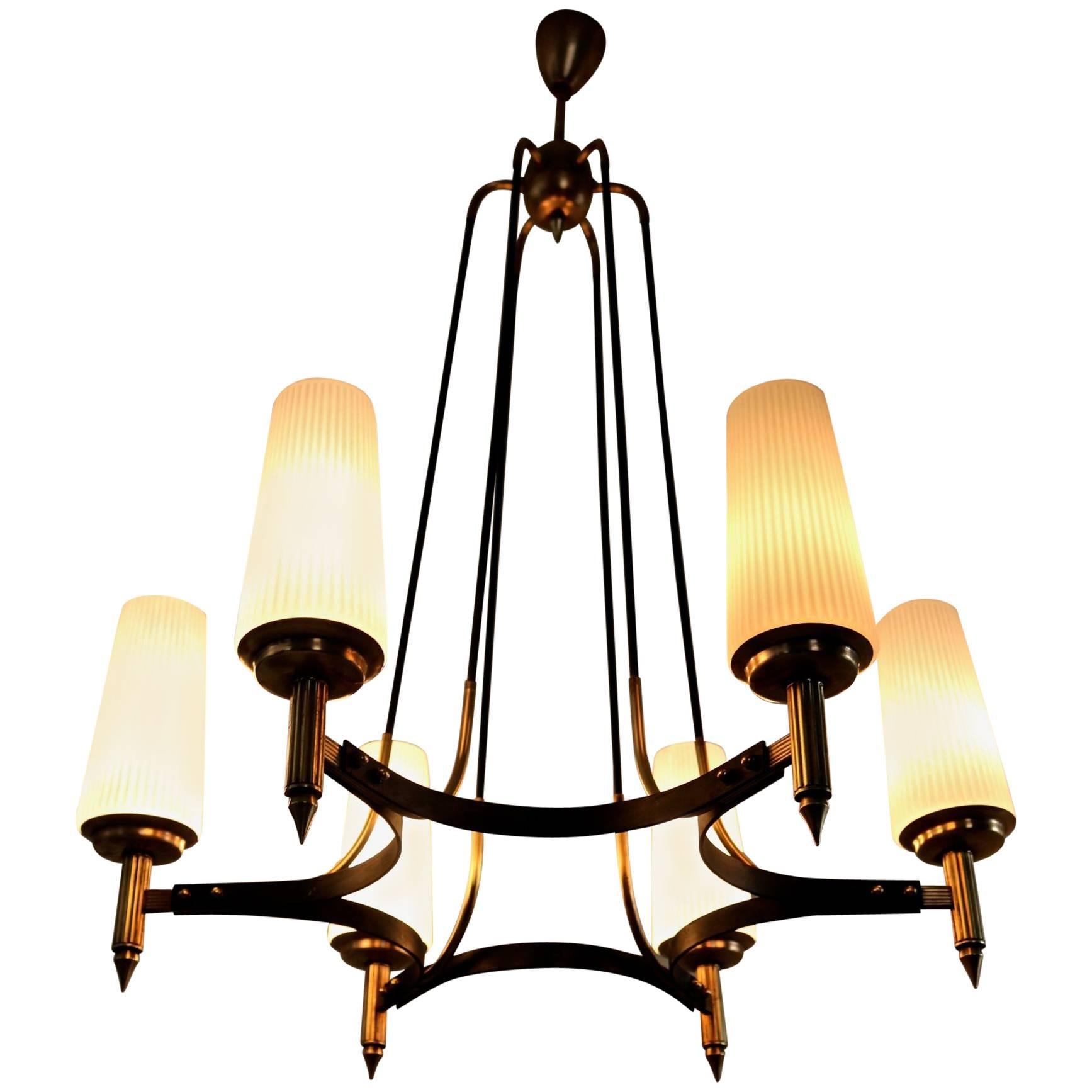 Opaline Glass, Brass and Varnished Iron Chandelier by Stilnovo, Italy, 1950s