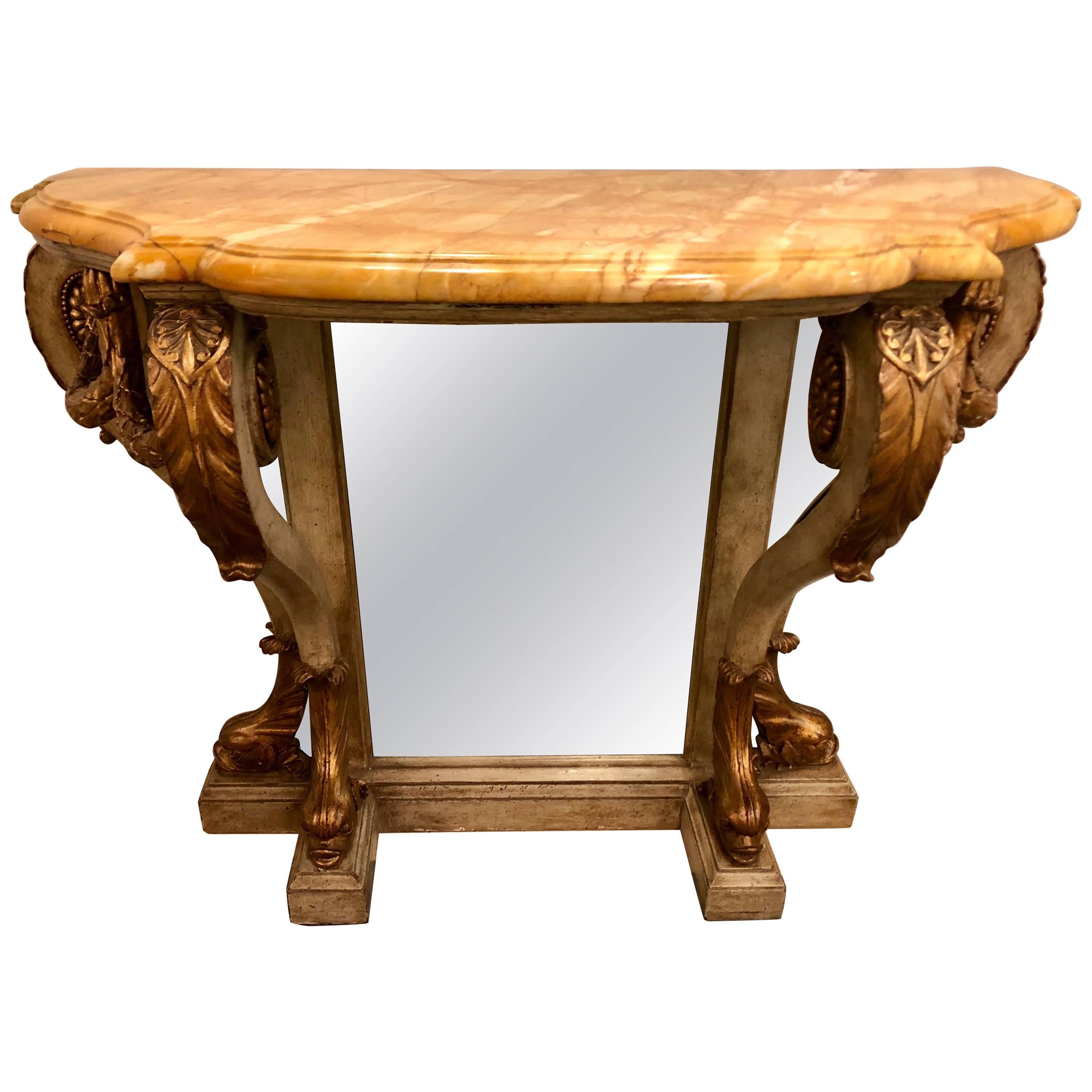 Neoclassical Style Marble-Top Bowed Table Mirrored Back Gilded Dolphin Accents For Sale