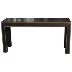 Modern Console Table in Black Leather and Nailhead Trim